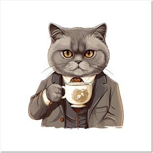 British Shorthair Cat Drinking Coffee Posters and Art